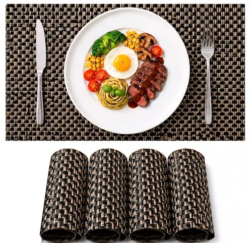 Image of Dribble Premium Anti UV-Mesh Woven PVC Table Placemats Set of 4 - Non-Slip, Heat Resistant, Washable Dining Table Mats for Kitchen, Dining & Office - 45cm X 30cm Durable Textured Design (Black)