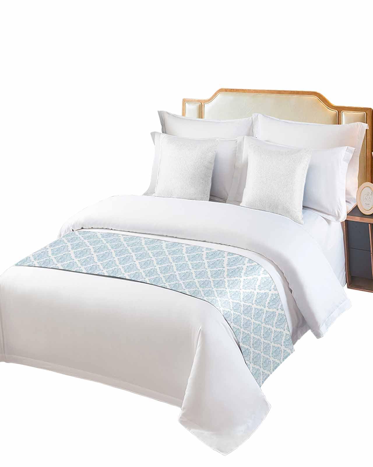 Twin Bed Runner Retro Geometric Vintage Pattern Bedding Runner Scarves Decorative Bed Scarf, Watercolor Blue Floral Soft Bedding Scarf for Bedroom Hotel Wedding 94x20in