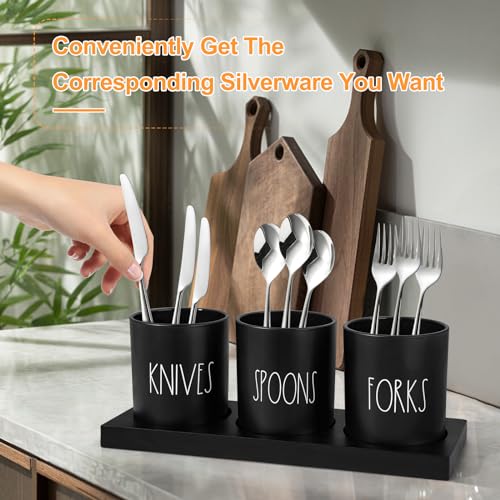Alpiriral Silverware Caddy, 4 Pieces Kitchen Utensil Holder For Countertop, Black Utensil Holder For Party, Silverware Holder For Party With Wood Tray, Farmhouse Cutlery Holder Storage Organizer thumb #5