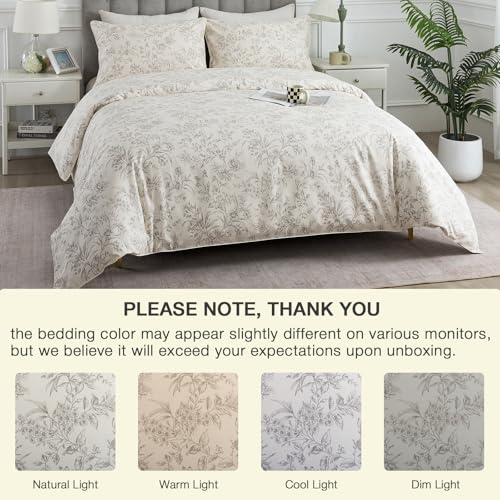 Puralens Beige Floral Duvet Cover Queen 100% Cotton, Vintage Patterned Soft Crisp Percale Toile Comforter Cover Set, Shabby Flower Chic Cute Bed Cover Set, Luxury Farmhouse Zipper Bedding, 3Pcs by Puralens - Used condition - Image 6