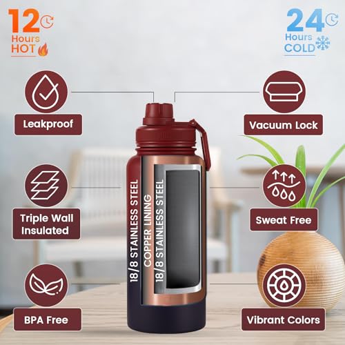 Tea Infuser Bottle - Fruit Infuser Water Bottle 32 Oz, Triple Walled Insulated Stainless Steel Bottle, Thermal Leaf Infuser, Silicone Sleeve, Cleaning Brush, 3 Lids Leakproof, Metal Mug Gallon - Image 3