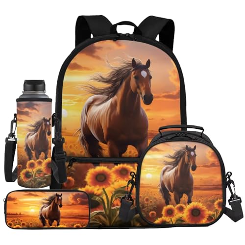 Kids Horse Backpacks for Girls with Lunch Box Ages 6-8 Animal Backpack and Lunch Bag and Water Bottle Holder Pencil Case Primary School Student Bookbag/Lunchbox Set, 4 Piece, Sunflower