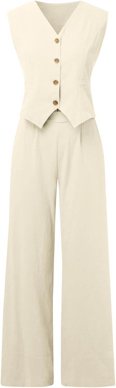 Blazer Set Sleeveless V Neck Vest Tops Waistcoat and Cotton Linen Pants 2 Piece Suit Casual Button Down Pants Suits
