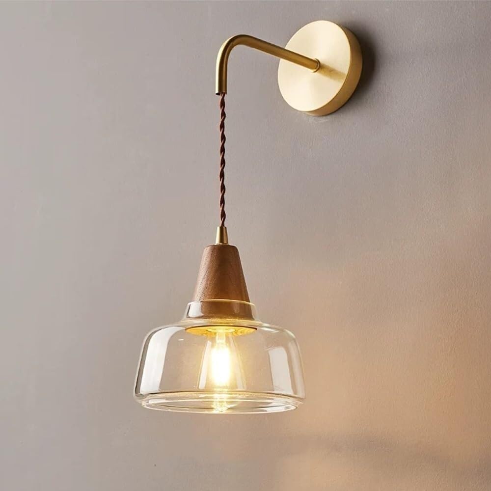 CWCQGH Modern Clear Glass Wall Lamp Wabi Sabi Retro Brushed Brass Wall Sconce Nordic Solid Wood Bedside Wall Light Strip, E14 Japanese Style Transparent Glass Decor Wall Mounted Lamp, E14