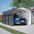 10x15 FT Metal Carport with Removable Waterproof Sidewalls, Heavy Duty Steel Car Shelter with Roll-Up Doors, All-Weather Outdoor Canopy for Cars, Trucks, Boats, and Backyard Storage