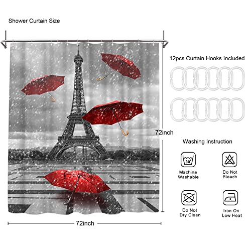 Artbones Eiffel Tower Shower Curtain Red Umbrella Paris France Street Landscape 72"X72" Bath Curtain Polyester Fabric Machine Washable #TOP4