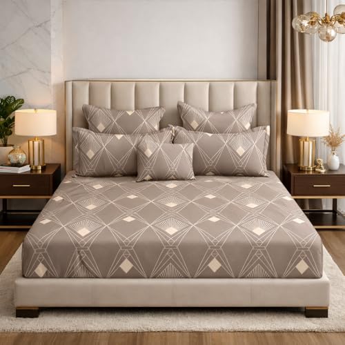 Image of Cotton Feel Glace Double Bed Fitted Bedsheet All Around Elastic Queen Size with 2 Pillow Covers (60 inch x 78 inch inches, Hexa Brown)