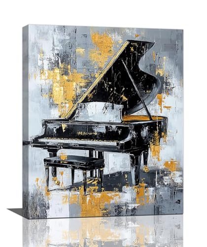 Olivine Music Wall Art, Vintage Piano Pictures Wall Decor, Black And Gold Painting Canvas Prints, Framed Artwork for Music Studio Bathroom Bedroom Living Room Office Home Decoration 20"x16"