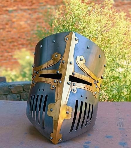 Medieval Templar Warrior 18 Gauge Steel Knight Battle Replica Helmet Crusader Great Helmet, Unisex Cosplay Halloween Costume