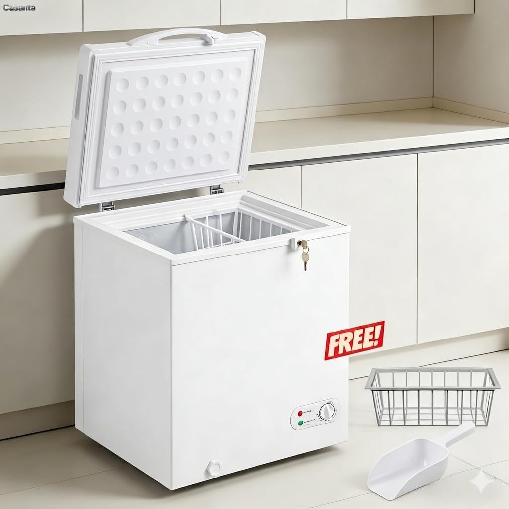 Casanta Chest Freezer, Small Deep Freezer with Fridge & Freezer 2-in-1 Mode, Mini Chest Freezer with Lock, Removable Basket & Wheels, Compact Freezer for Garage Apartment Dorm Kitchen, White 3.5Cu Ft