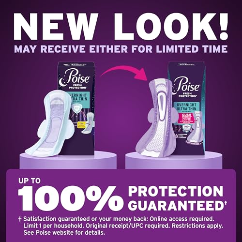 Image of Poise Overnight Ultra Thin Incontinence & Postpartum Pads with Wings for Bladder Leaks, 8 Drop Extra Absorbent, Long Length,60 Count (Pack of 2)