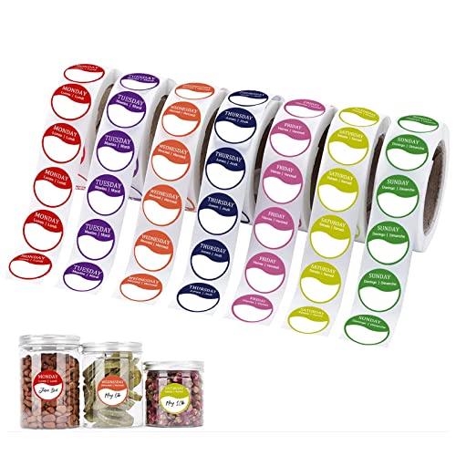SyiXute 3500 Pièces Étiquettes Autocollantes Couleur,Étiquettes Alimentaires,Autocollants des Jours de la Semaine (Tous Les 7 Jours Inclus et 500 Étiquettes par Rouleau) - Sept Couleurs
