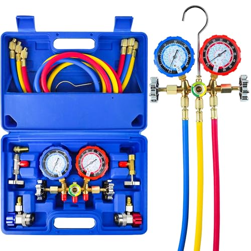 CALPOSE 3 Way AC Gauge, AC Manifold Gauge Set for R134a R410a R12 R22 R502 Refrigerant, AC Gauges with 5FT Hoses, R410a Adapter, Puncturing & Self Sealing Can Tap