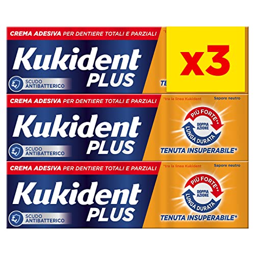 Kukident Plus Crema Adesiva Doppia Azione, 35g. Per Dentiere Totali E Parziali. Sapore Menta Leggera. 3 Confezioni