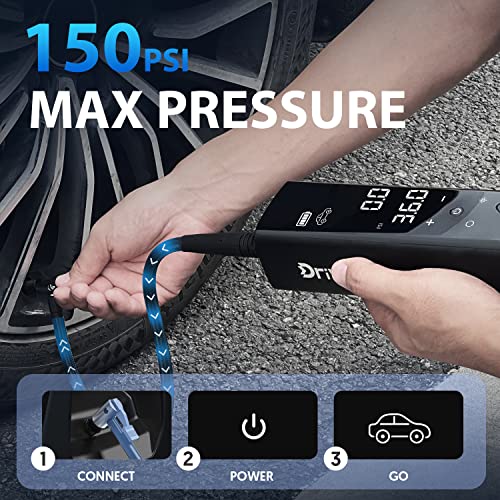 Drivemo Max X Tire Inflator Portable Air Compressor, 2X Faster Inflation 150Psi Cordless & 12V Dc 2-Way Power Supply Air Pump, 12000Mah Tire Pump With 7.4” Touch Screen For Cars, Motorcycles, E-Bikes #TOP5