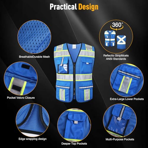 Image of Class 2 Safety Vest with Zipper Front and multiple Pockets, High Visibility Vest, Meets ANSI /ISEA Standards