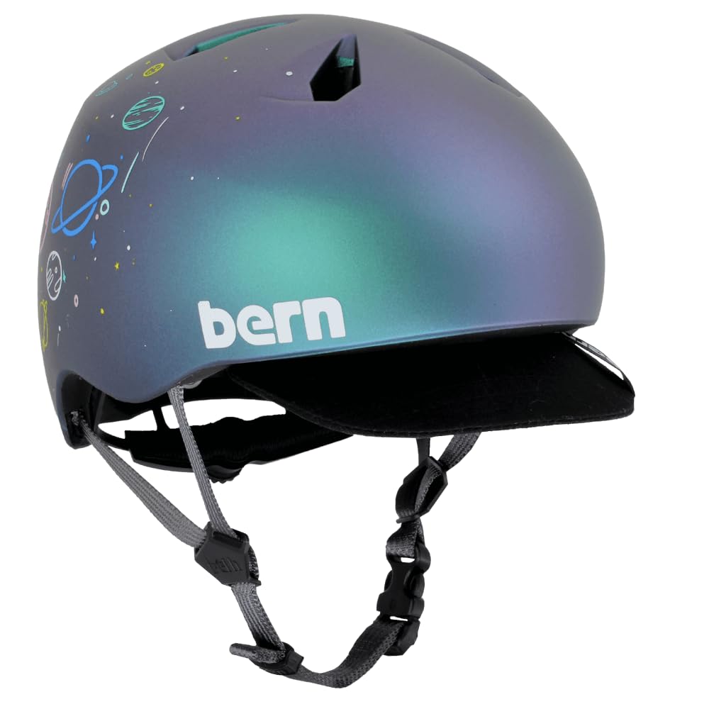 Bern Nino - Casco de bicicleta para niños de 3 a 12 años, visera abatible, ajuste ajustable, ligero, certificado de seguridad CPSC, salpicaduras espaciales metálicas, talla S/M