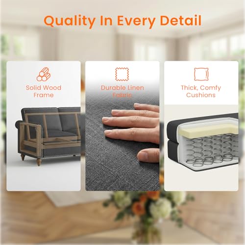 Image of ijuicy 3 Pcs Sectional Sofa Set for Living Room-Modern Linen Upholstered Couch Set with 5 inch Thick Cushion & Nailhead Trim, Living Room Furniture Sets-Armchair, Loveseat, 3 Seat Sofa(Dark Gray)