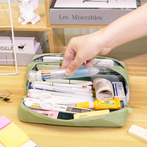 Image of Pencil Case Large Capacity Pencil Pouch Pen Bag with Extendable Big Compartment, Double Zipper Pencil Pouch School Office Stationery Organizer Bag for Girls Boys Teen Adults Men Women (Green)