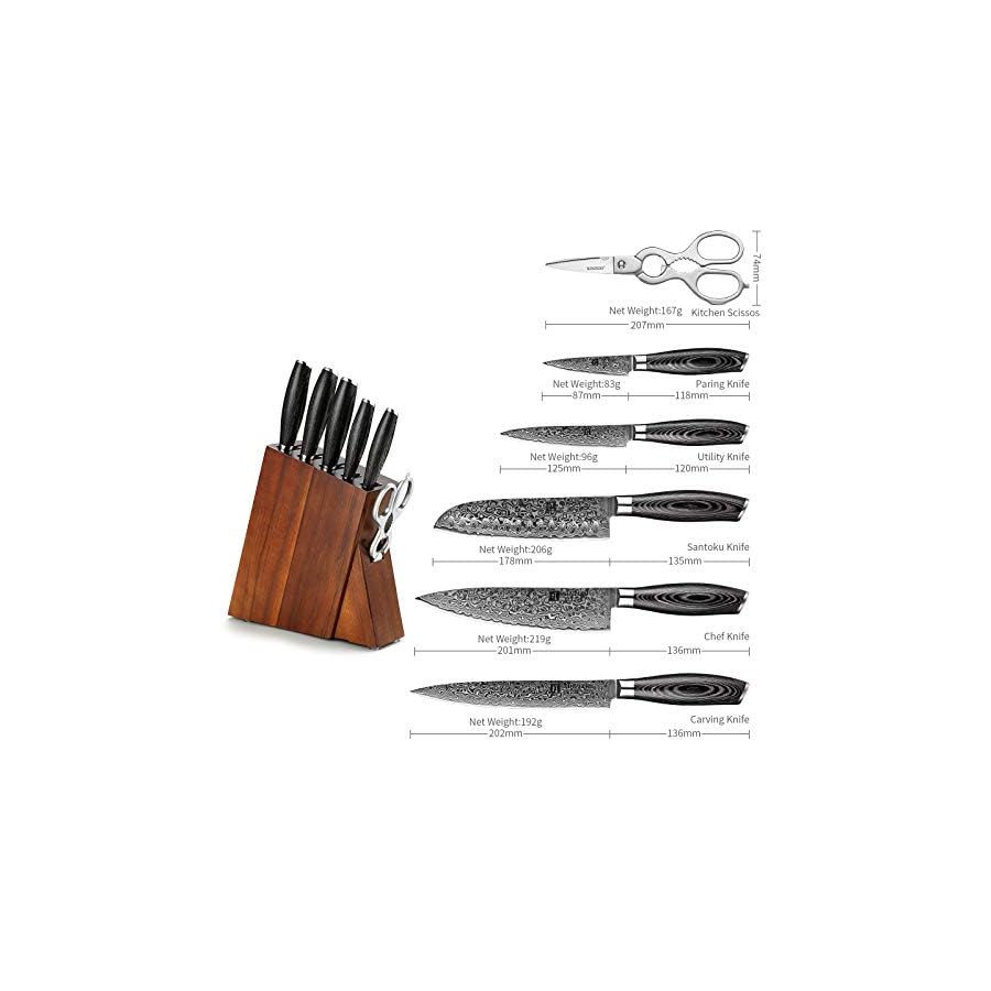 XINZUO Kitchen Knife Block Set, 7-Piece Damascus Chef Knife Set for Professional Chefs and Home Cooking, Japense Kitchen Knife Set with Kitchen Shears, Pakkawood Handle, Gift Box - Ya Series
