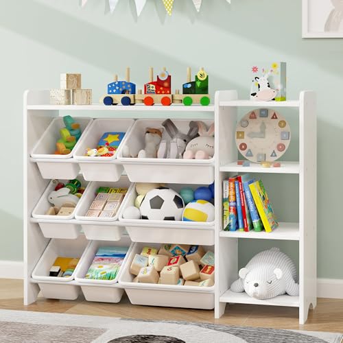 Image of MallBest 4-Tier Kids' Toy Storage Organizer Shelf - 100% Solid Wood,Children's Storage Cabinet with 9 Plastic Bins and 3 Storage Ports(White-Single Color)