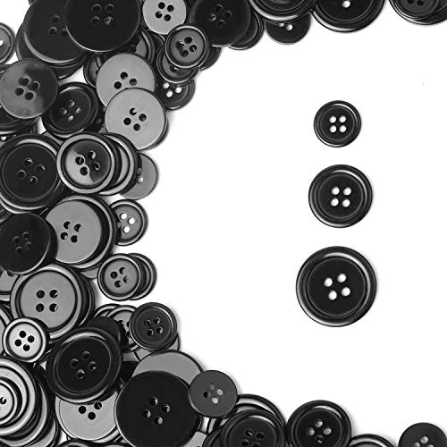YIZIQSS 200 PCS Sewing Resin Button Round 4 Hole Craft Button, Used for Sewing Scrapbook and DIY Craft Buttons 15mm   0.6in, 20mm   0.78in, 25mm   1in (Black, Large Medium Small)