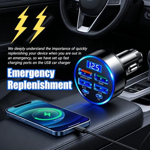6 Ports Car Cigarette Lighter Adapter,Upgraded Car Cigarette Lighter USB Charger with Super/PD/3.1A/QC3.0 as Vehicle Electronics,24V/12V Cars Charger Adapter with LED Voltage Display - 4
