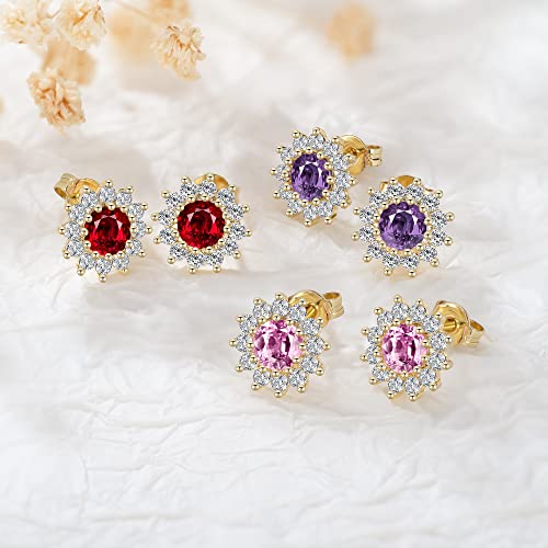 Coodilor Flower Stud Earrings For Women And Girls, 925 Sterling Silver 14K Yellow Gold Plated Earrings With Cubic Zirconia, Amethyst #TOP2
