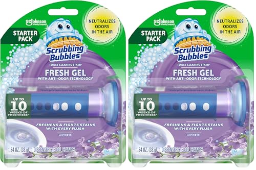 Image of Scrubbing Bubbles Fresh Gel Toilet Bowl Cleaning Stamps, Helps Keep Toilet Clean and Helps Prevent Limescale & Rings, Lavender Scent, 1 Dispenser with 6 Fresh Gel Stamps (Pack of 2)