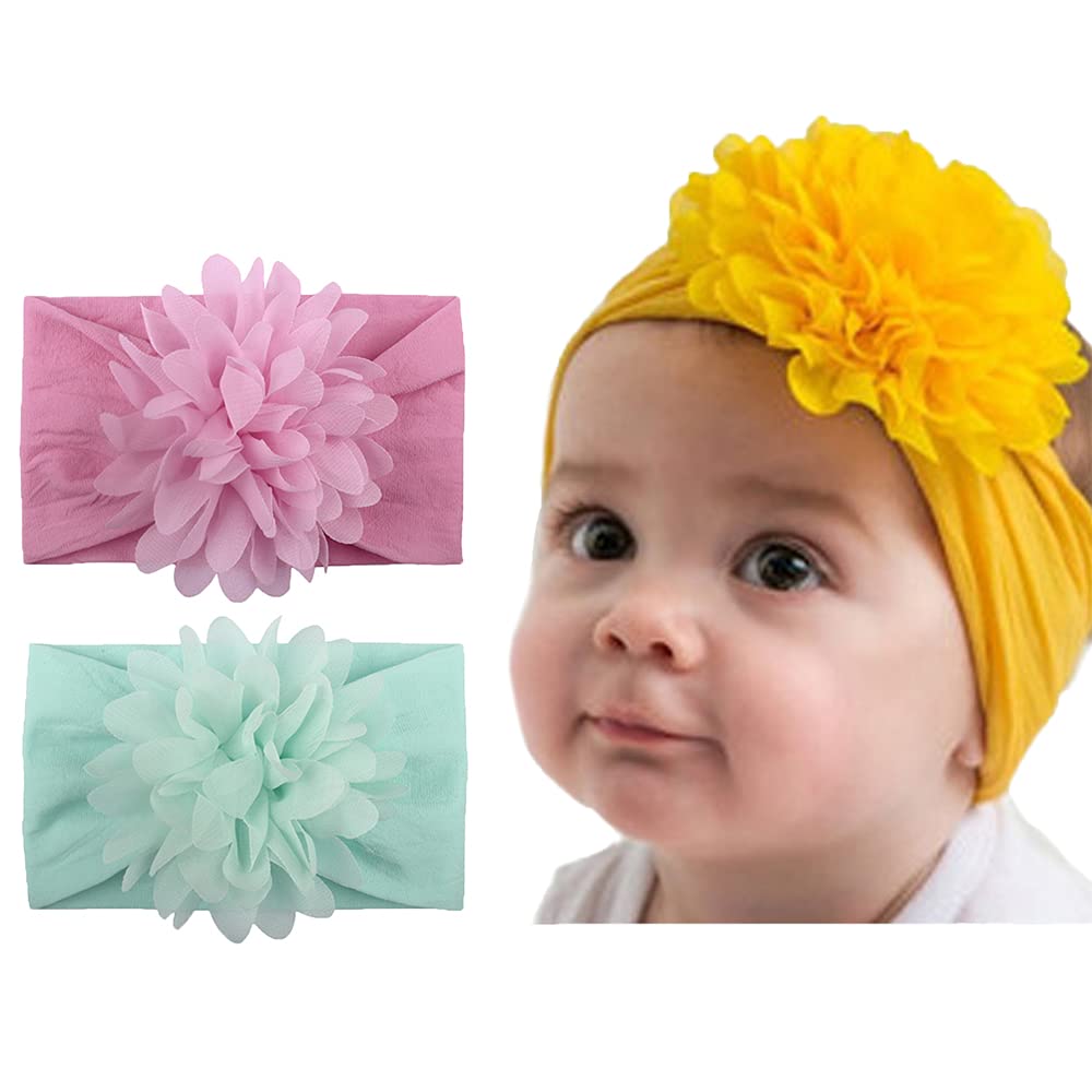 Wiwpar Gauze Flowers Floral Headband Nylon Headwear Elastic Adjustable Head Piece Hair Bands 2 Pcs for Toddler and Childrens (Color 1)
