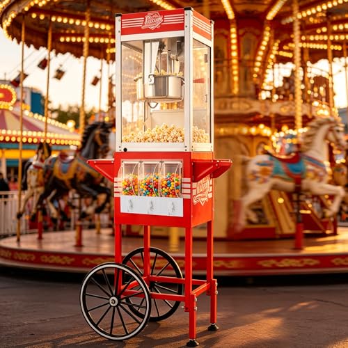 Image of 12oz Popcorn Machine with Cart, Commercial Popcorn Maker Candy Dispenser, Includes Scoop, Oil Spoon, Vintage Movie Theater Style Popper, Pop Corn Machine for Home Party, Movie Night (Red)