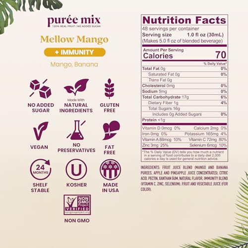 Image of Smartfruit Mellow Mango + Immunity - 100% Real Fruit Puree w /Mango, Banana, Apple, Pineapple - Great for Smoothies, Juice, Yogurt, Cocktails, Tea - High in Vitamin C, Selenium, Zinc - 2-Pk, 48oz Each