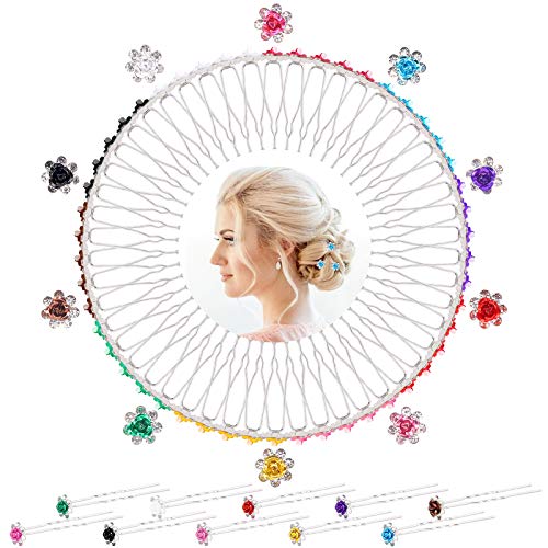 Keadic 50 Pack 10 Colors Crystal Hair Pins Rose Flower Rhinestone Hair Clips Assortment Kit, Hair Jewelry Accessories Perfect for Girls Wedding & Dance Recital (50Pcs 10 Colors Crystal Hair Pins Kit)