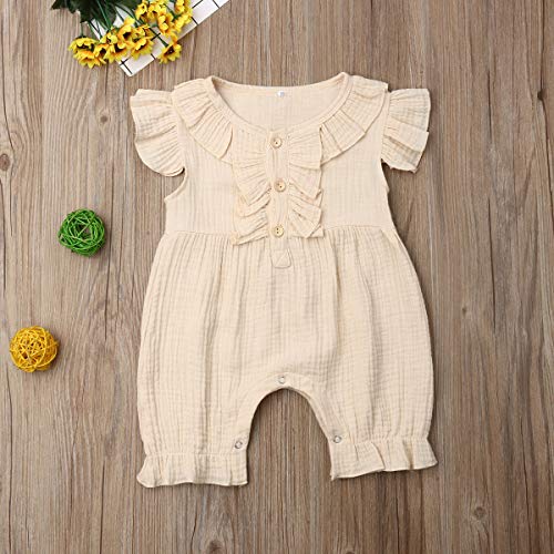 Xmasgifts Newborn Baby Girls Boys Jumpsuit Clothes Ruffle Sleeve Crew Neck Romper Solid Color One-Piece Bodysuit Summer Outfit (12-18M, Beige) #TOP2