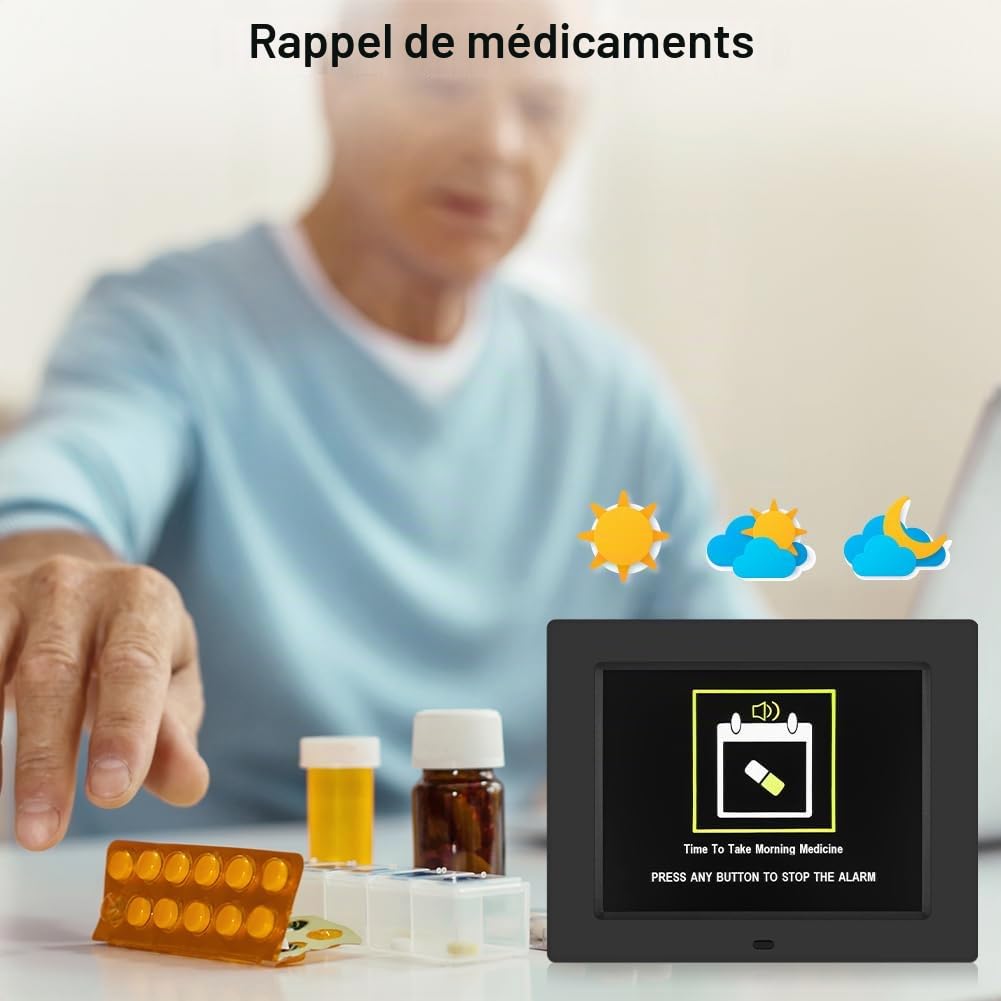 8 Pouces LCD Horloge Numérique Calendrier Multilingue Télécommandée Dimmable avec Date, Jour et Heure Cadre Photo Numérique pour Personnes avec Maladie d'Alzheimer