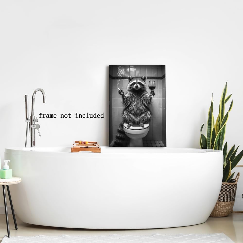 Raccoon on Toilet with Wine Glass Bathroom Wall Art – Black and White Quirky Animal Canvas Print – Whimsical Bathroom Decor for Adults 24x36inch Unframed