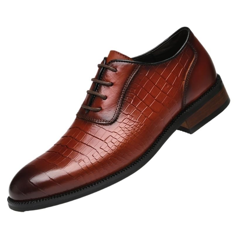 Men's Leather Oxford Dress Shoes, Classic Lace-Up Business Shoes with Comfortable Slight Heel Non-Slip Sole for Office Formal Events