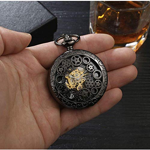 Preisvergleich Produktbild GOHHK Klassische Taschenuhr schwarz Steampunk Retro mechanische Uhr ausgehöhlte Halskette Bewegung Fob Uhren mit Kette Männer Frauen Clock Geschenke