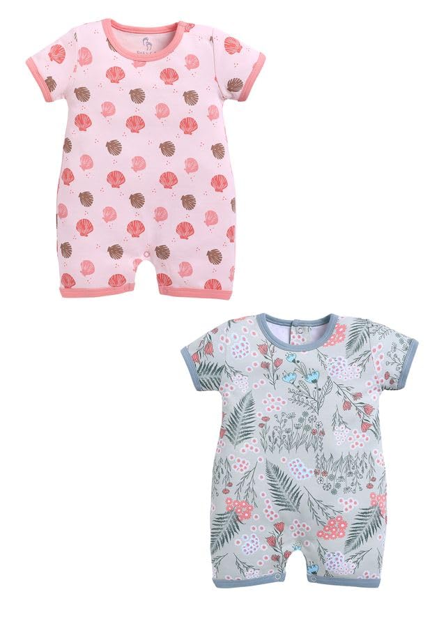 Image of BABY GO Cotton Printed New Born Baby Romper Jumpsuit Bodysuit Pack of 2 | Short Sleeve Sleepsuit | Nightwear | Summer Wear for Infants, Baby Boys and Baby Girls