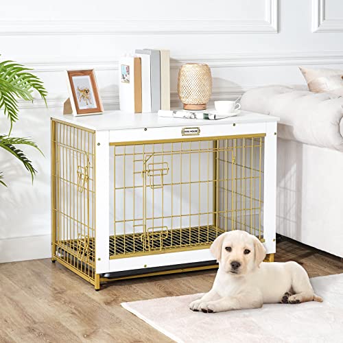 HOOBRO Dog Crate Furniture, 32.5" Medium Dog Kennel Indoor, Wooden Cage with Pull-Out Tray, Double Doors Pet House Side End Table for Medium/Small Dogs, White DW802GW03 - Image 6