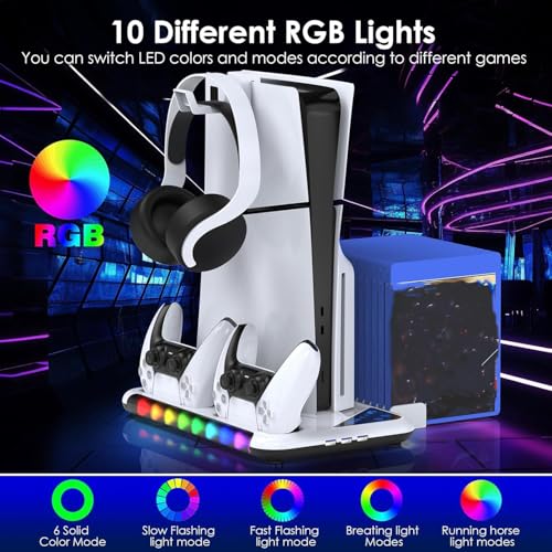 Image of PSS Compatible with PS 5 S tand for PS 5 / PS5 Slim Console Disk /Digital Cooling Stand 3 Levels Fan RGB LED, Dual Controller Charging Station for PS5 Accessories,Headset Holder, 13 Game Disk Stand