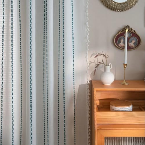 Homxi Semi Blackout Curtains for Bedroom Set of 2,2 x 52W x 36H inch,Modern Green White Curtains Stripes Embroidery with Tassels Window Curtain Grommets