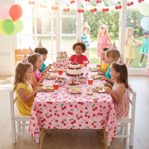 FVEOCR 4Pcs 86x51IN Pink Red Cherry Tablecloths Pink Cherry Birthday Table Cover Cherries Table Clothes for Birthday Baby Shower Wedding Bridal She's The Cherry On Top Decor by FVEOCR - Image 8