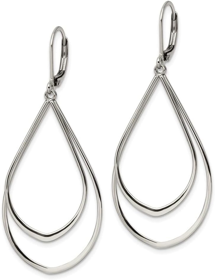 Real Stainless Steel Double Tear-drop Leverback Dangle Earrings - 56mm x 23mm