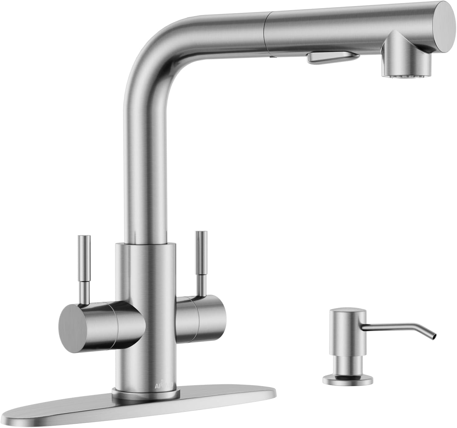 APPASO 2 Handle Kitchen Faucet with Soap Dispenser, Brushed Nickel Modern S304 Stainless Steel 4 Holes Sink Faucets with Pull Down Sprayer 2 Modes, Hot and Cold 2 Handles, Deck Plate Included