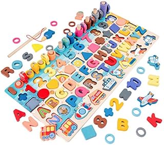 Wooden Number Alphabet Puzzles Sorting Counting Learning Toys for Toddlers, Shape Sorter Fishing Game for Age 3 4 5 6 Year Olds Kids, Preschool Education Math Stacking Blocks Learning Toy