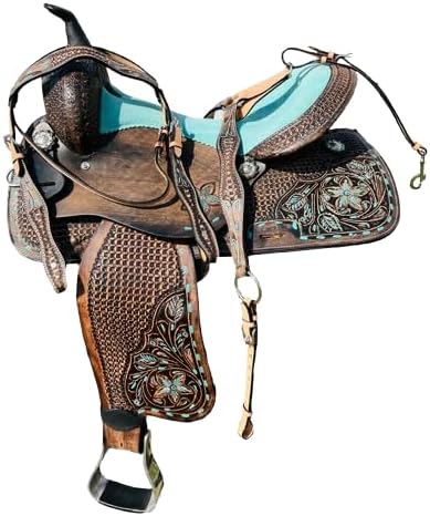 Handmade Leather Western Barrel Racing Horse Saddle Premium Custom Cowboy Cowgirl Pleasure Comfort Trail Tack Equestrian Tooled Carved Pony-Adult Saddle for Riding Size: 10-18 inch Seat, MO-20