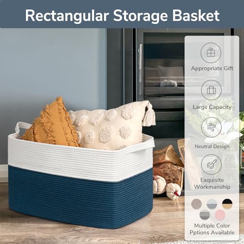 Goodpick Large Storage Baskets for Organizing, Woven Baskets for Storage, Blanket Basket Living Room, Rectangle Dirty Clothes Basket for Laundry, 21.6" x 14.9" x 11.8", Blue