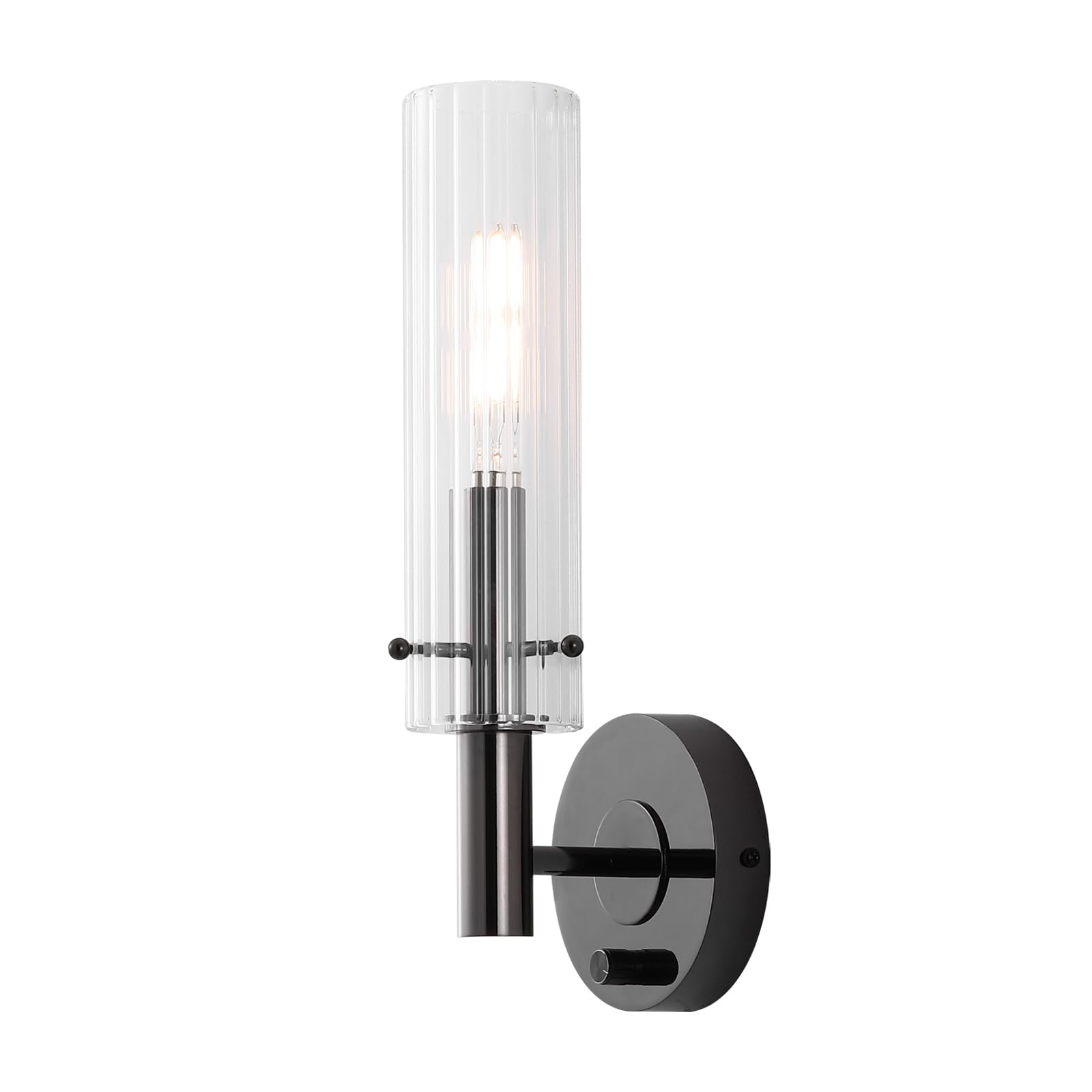 Photo 1 of BYOLIIMA Black Bathroom Vanity Light Fixtures with Striped Clear Glass Shades Modern Wall Sconces Dimmer ON/Off Switch Indoor Wall Light for Mirror Living Room Bedroom Hallway Staircase