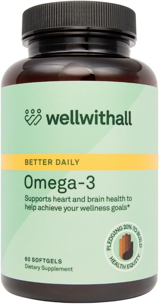 WellWithAll Omega-3 Fish Oil Supplement | Supports Heart and Eye Health | 450mg EPA, 300mg DHA | Promotes Brain Function | Ideal for Daily Wellness Routine | Omega 3 Fatty Acid | 60 Softgel Capsules